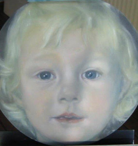 F&S Gift Store Art Box oil portrait painting, custom sky blue children Portrait, hand painted realistic rusty brown vintage girls portrait, Art collectible