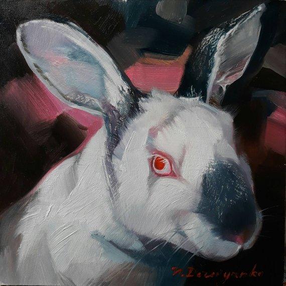 F&S Gift Store Rabbit red eyes art oil painting original art on canvas custom pet portrait Rabbit illustration to order Easter lover gift Nursery wall art