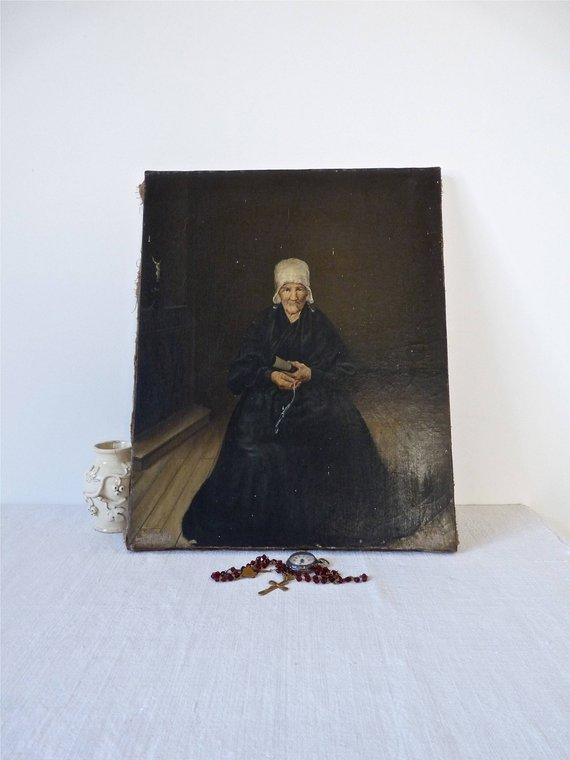 F&S Gift Store ON SALE 19th Small Granny - French Old Woman in a chapel - French Province - Antique French Oil Painting - 19th Century - Antique Art