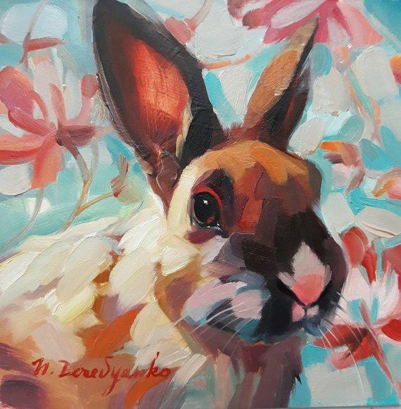 F&S Gift Store Floral Rabbit Bunny painting art Rabbit oil painted portrait custom canvas framed art Easter gift Nursery wall art decor For children owners
