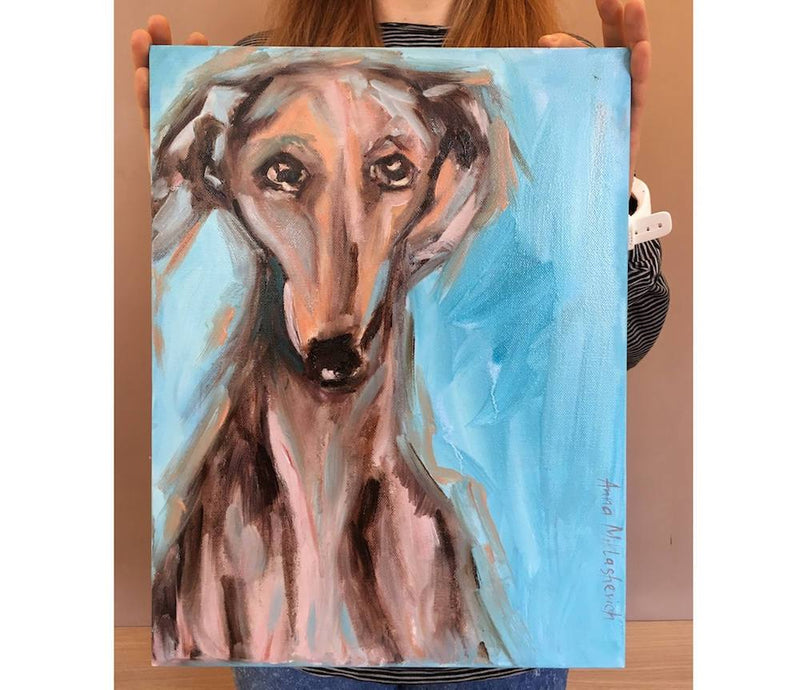 F&S Gift Store Modern oil on canvas Greyhound wall art Animal oil painting Saluki hound dog Blue animal wall art Animal baby painting Modern portrait art