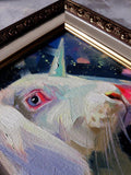 F&S Gift Store Unicorn rabbit oil painting on canvas in frame Bunny pet portrait custom framed art Celestial skies gift Nursery wall art decor For children