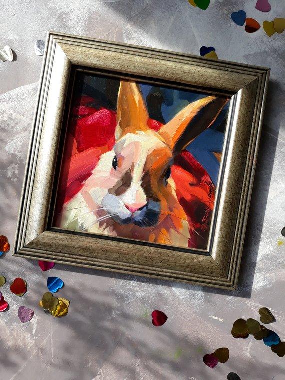 F&S Gift Store Easter bunny in red oil painting in frame Rabbit portrait pet custom framed art Easter gift Nursery wall art decor For children For owners