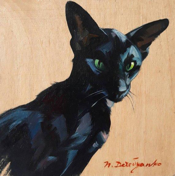 F&S Gift Store Black cat art painting on wood original picture Custom pet portrait illustration to order Birthday cat lover gift lady wall art Cat noir