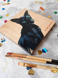F&S Gift Store Black cat art painting on wood original picture Custom pet portrait illustration to order Birthday cat lover gift lady wall art Cat noir