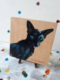 F&S Gift Store Black cat art painting on wood original picture Custom pet portrait illustration to order Birthday cat lover gift lady wall art Cat noir