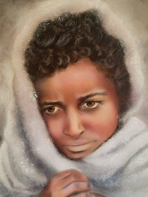 F&S Gift Store Refugee Boy, realistic original oil painting, oil on canvas, portrait, realism figurative, gray tones, small painting, ethnic, travel