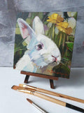 F&S Gift Store White Rabbit Bunny oil painting in frame green flowers Rabbit painted portrait custom canvas framed art gift Nursery wall decor For children