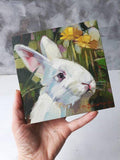 F&S Gift Store White Rabbit Bunny oil painting in frame green flowers Rabbit painted portrait custom canvas framed art gift Nursery wall decor For children