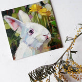 F&S Gift Store White Rabbit Bunny oil painting in frame green flowers Rabbit painted portrait custom canvas framed art gift Nursery wall decor For children
