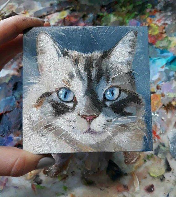 F&S Gift Store Blue eyes cat oil painting original art on wood custom cat pet portrait illustration to order Birthday lover gift lady Wall art