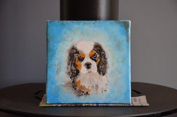F&S Gift Store RESERVED from photo, Cavalier King charles, oil on canvas painting, portrait dog art, square format 20 cm, custom
