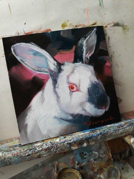F&S Gift Store Rabbit red eyes art oil painting original art on canvas custom pet portrait Rabbit illustration to order Easter lover gift Nursery wall art