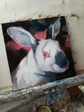 F&S Gift Store Rabbit red eyes art oil painting original art on canvas custom pet portrait Rabbit illustration to order Easter lover gift Nursery wall art