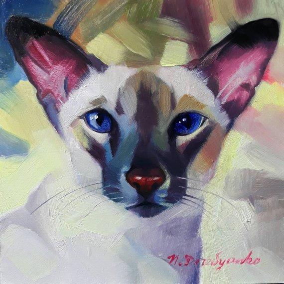 F&S Gift Store Cat siamese portrait oil painting framed art original Custom pet portrait in frame hand painted to order pet loss Cat lover gift For owners