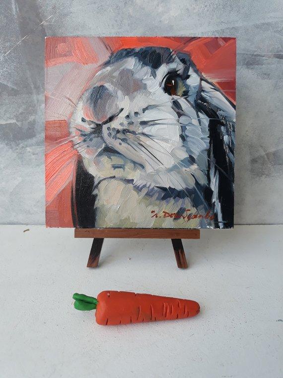 F&S Gift Store Gray Rabbit Bunny oil painting in frame Rabbit painted portrait custom canvas framed art Easter gift Nursery wall art decor For children
