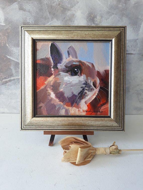 F&S Gift Store Sweet bunnies rabbit oil painting on canvas in frame Rabbit pet portrait custom framed art Easter gift Nursery wall art decor For children