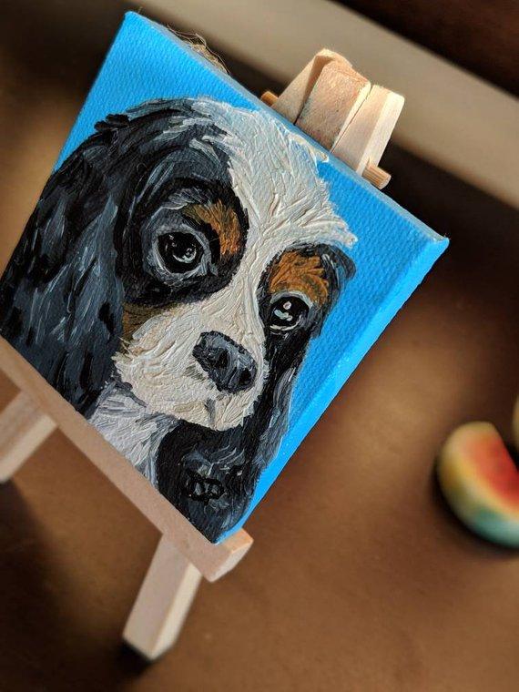 F&S Gift Store Miniature tri colored Cavalier King Charles Spaniel Dog Portrait Oil Painting - Small Canvas Art - Magnet