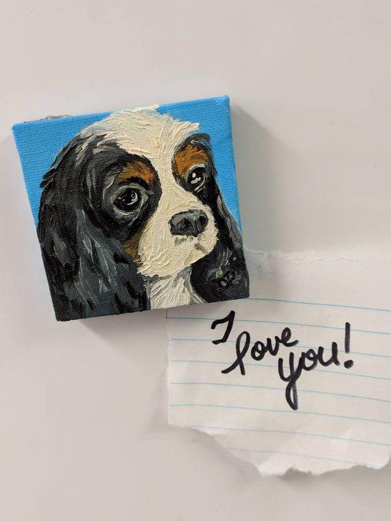 F&S Gift Store Miniature tri colored Cavalier King Charles Spaniel Dog Portrait Oil Painting - Small Canvas Art - Magnet