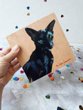 F&S Gift Store Black cat art painting on wood original picture Custom pet portrait illustration to order Birthday cat lover gift lady wall art Cat noir