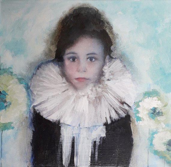 F&S Gift Store Child portrait, original painting, mixed media photo and painting. Oil painting on canvas. Pierrot, Colombine