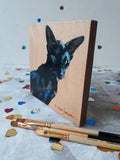 F&S Gift Store Black cat art painting on wood original picture Custom pet portrait illustration to order Birthday cat lover gift lady wall art Cat noir