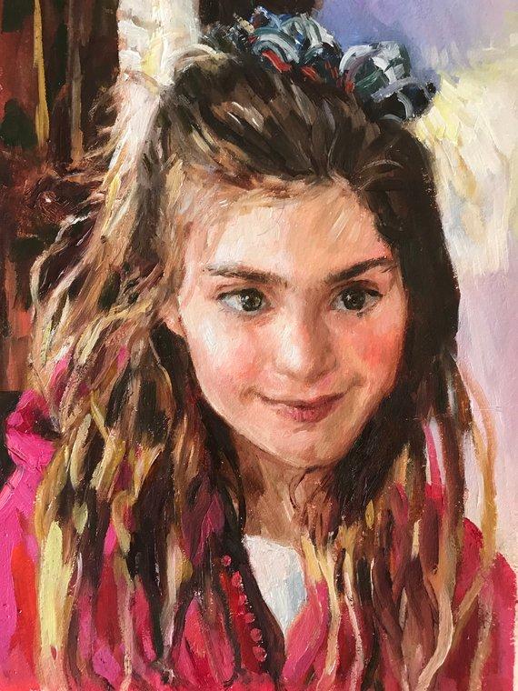 F&S Gift Store Child Portrait, Custom Oil On Paper Painting