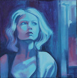 F&S Gift Store Original Art - Waiting, oil on canvas, moody, portrait, girl, purple, blue, brushstrokes, abstract, custom, commission, By: SHANNON LYNN ART