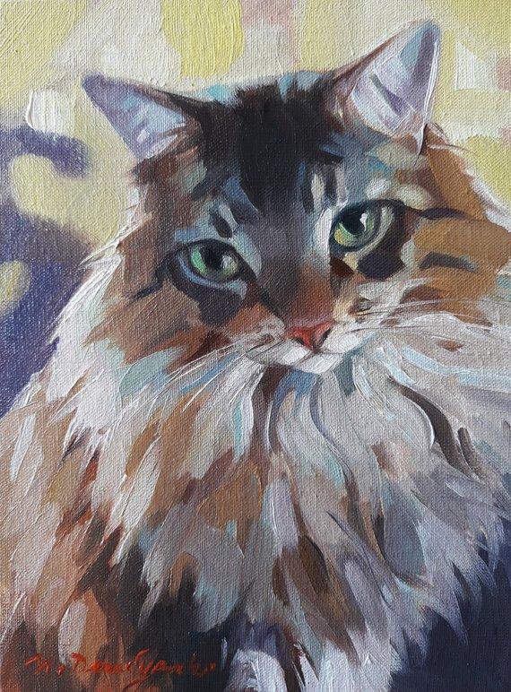 F&S Gift Store Custom oil painted cat portrait fluffy cat painting original canvas art pet lover gift kids funny kitten art birthday gift mother home decor