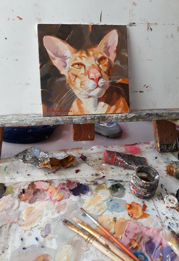 F&S Gift Store Orange cat painting portrait original art on canvas oil Custom pet portrait painted cat lover illustration Birthday gift Home decor Wall art
