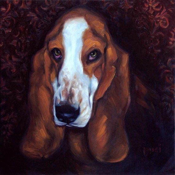 F&S Gift Store Bassett Bill, on the job: Custom Pet Portraits in Oils by puci, custom pet portraits and people portraits