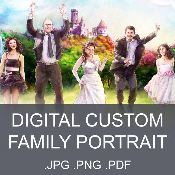 F&S Gift Store Digital custom family portrait 5 persons Printable digital art Digital painting Digital gift Cartoon portrait Wedding gift Anniversary gift