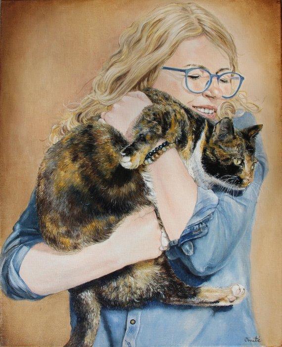 F&S Gift Store Oil painting Portrait with cat wall art original art canvas art fine art colorful art portrait custom portrait cat portrait custom cat lover