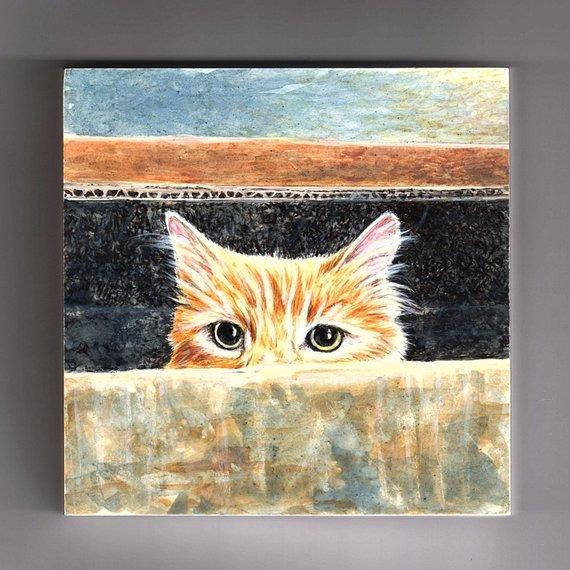 F&S Gift Store Custom Pet Portrait Original Egg Tempera Painting, on wood panel, cradled, cat portrait, memorial pet art