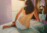 F&S Gift Store Original oil painting on canvas: Nude Woman in Bed, Mediterranean light, Personalized gift, Interior wall art, Art painting by Galit Hahn