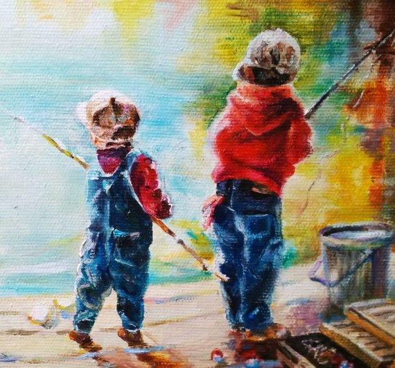 F&S Gift Store Boys on fishing painting, Custom sons portrait, Children's portrait, Custom oil portrait, Oil painting, On the lake painting, Nature art