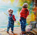 F&S Gift Store Boys on fishing painting, Custom sons portrait, Children's portrait, Custom oil portrait, Oil painting, On the lake painting, Nature art