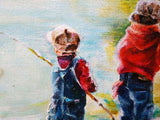 F&S Gift Store Boys on fishing painting, Custom sons portrait, Children's portrait, Custom oil portrait, Oil painting, On the lake painting, Nature art