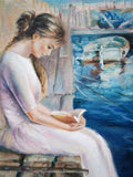 F&S Gift Store Woman on the pier painting, Female portrait, Woman reading poetry, Custom oil portrait, Oil painting, Tenderness painting, Summer day