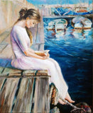 F&S Gift Store Woman on the pier painting, Female portrait, Woman reading poetry, Custom oil portrait, Oil painting, Tenderness painting, Summer day