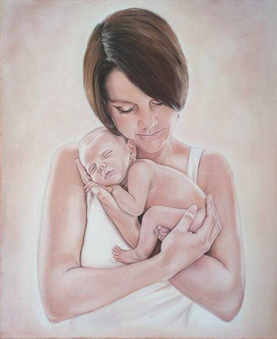 F&S Gift Store Customer specific, portrait, mother with Child, baby, custom, oil painting, portrait according to your personal photo template, by photo