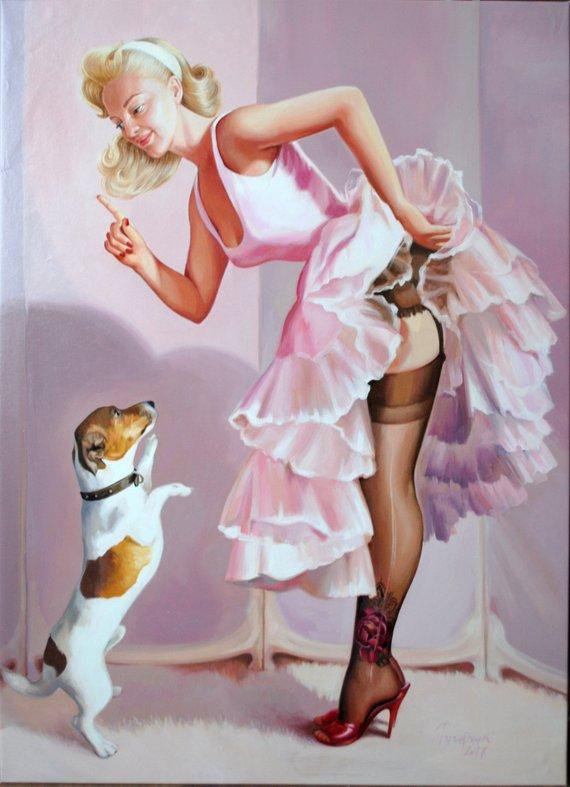 F&S Gift Store Jack Russell painting Sexy woman Pink paiting Pet portrait to order Original large painting canvas Custom artwork Vintage retro painting