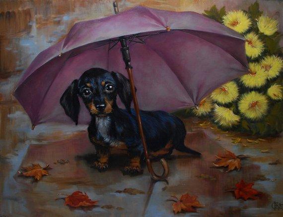 F&S Gift Store Dachshund portrait, Autumn day under umbrella painting, Custom Dog portrait, Custom Dog Painting, Custom Pet portrait, Custom Pet Painting