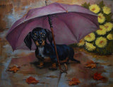F&S Gift Store Dachshund portrait, Autumn day under umbrella painting, Custom Dog portrait, Custom Dog Painting, Custom Pet portrait, Custom Pet Painting