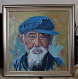 F&S Gift Store Oil painting on canvas,The old man with the hat and the beard,, portrait from photo,silver Framed,Ready for hang,Unigue,Signed,49x49