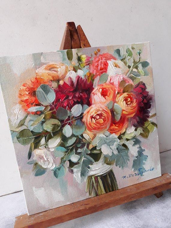 F&S Gift Store Bridal flowers portraits painting canvas original art Custom wedding bouquet painting Anniversary gift for her Romantic memory Flowers