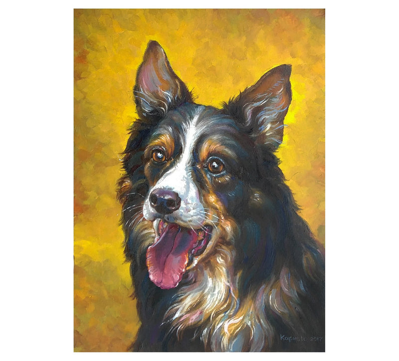 F&S Gift Store Dog portrait australian shepherd, pet painting, original oil painting dog lover gift, yellow background artwork, custom portrait animal art