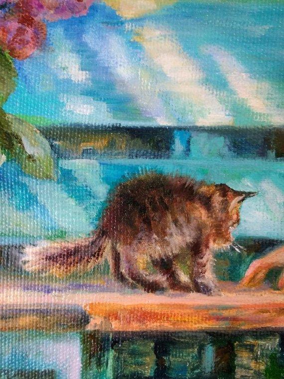 F&S Gift Store Girl and kitty painting, True friendship, Spring in the park garden oil painting, Child kids portrait, Custom oil portrait, Happiness art