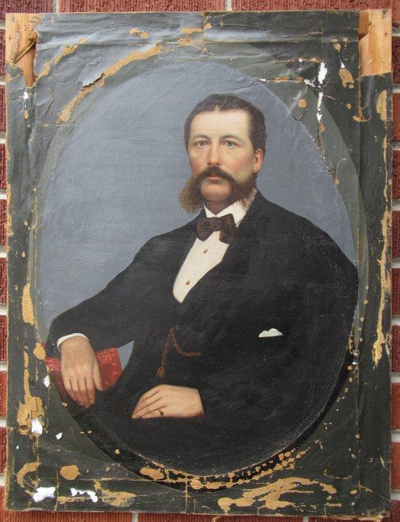 F&S Gift Store Antique Victorian SUPER SHABBY Gentleman Falling Apart Oil PAINTING Over Photograph c1860-70s As Is