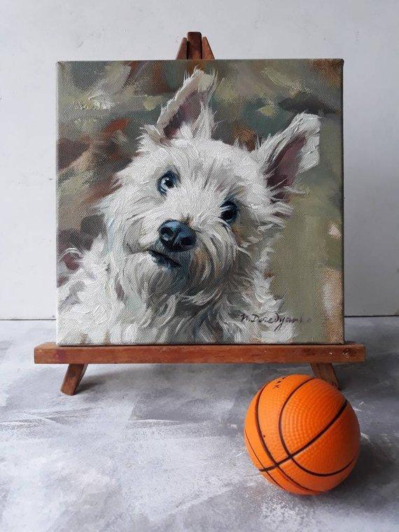 F&S Gift Store Custom dog portrait, White dog painting original canvas art, Custom pet portrait dog lover gift Birthday wife, Animal painting art memorial